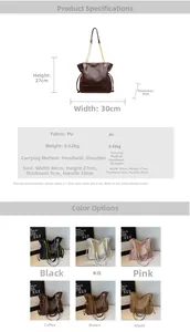 Detailed dimension chart and material specs for the quilted PU leather tote shoulder bag