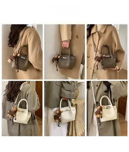 Detail shots of textured leather handbags in khaki and cream with metal twist locks
