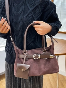 Women Vintage Faux Suede Tote Bag Large Capacity Shoulder Handbag With Small Pouch Metal Buckle Retro Commuter Work Bag