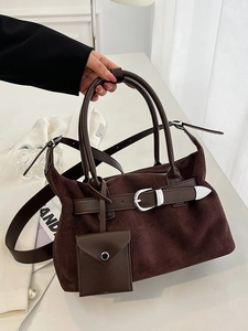 Fashionable dark brown suede tote bag with double handles and adjustable crossbody strap