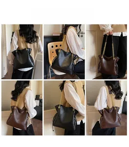 Detailed views of the large bucket bag showing various ways to wear with chain strap