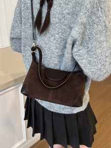Retro dark brown crossbody tote bag with suede and smooth leather patchwork design