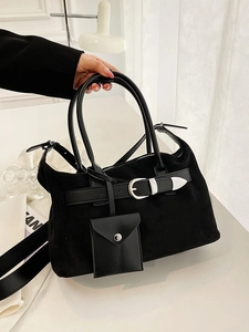 Fashionable black faux suede tote bag with metal buckle and mini pouch accessory