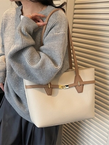 Fashion Women Large Capacity PU Leather Tote Bag Business Commute Lychee Pattern Shoulder Bag With Metal Buckle Handbag