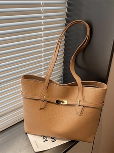 Caramel lychee grain leather tote bag with gold buckle and stylish top handles