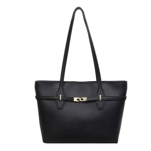 Elegant black lychee-grain tote bag with stylish gold lock closure for versatile shoulder carry