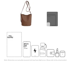 Brown litchi grain bucket bag showing capacity for tablets and daily essentials