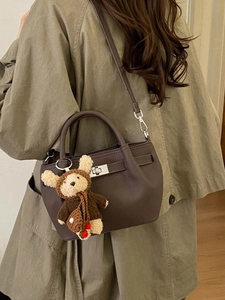 Chocolate brown lychee pattern leather bucket bag with cute bear charm and silver lock