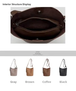 Detail view of bucket bag interior with magnetic closure and inner pouch in four colors