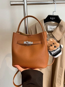 Vintage brown lychee grain leather bucket bag with silver lock and cute bear charm