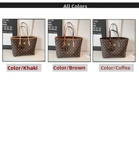 Three vintage monogram tote bags in khaki, brown, and coffee colors with dog charms