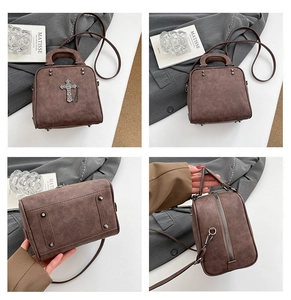 Detailed views of vintage brown crossbody bag with metal rivets and cross pendant