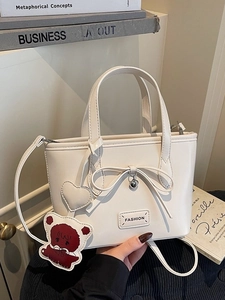 Women Glossy PU Leather Bucket Bag With Bow And Cartoon Bear Pendant Crossbody Shoulder Bag Vintage Casual Tote Handbag