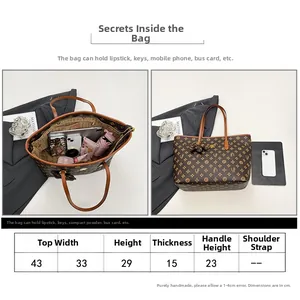 Detailed size guide and large capacity storage view for the retro pattern tote bag