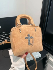 Gothic Retro PU Leather Handbag For Women Crossbody Bag With Metal Cross Decoration Adjustable Strap Rivet Punk Style Bag