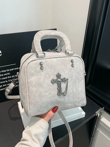 Retro grey-white pillow handbag with gothic metal cross pendant and vintage texture