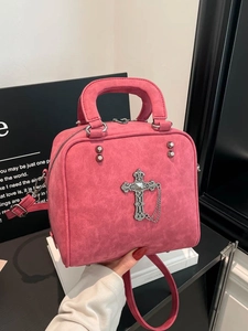 Retro rose pink pillow handbag with vintage cross pendant and metal chain detail