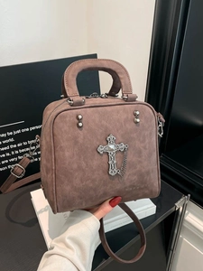 Retro brown pillow handbag with silver cross pendant and adjustable shoulder strap