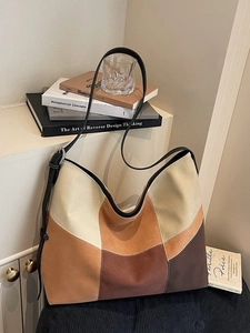Women Vintage Colorblock Canvas Tote Bag Large Capacity Patchwork Shoulder Bag Minimalist Commuter Hobo Handbag For Daily
