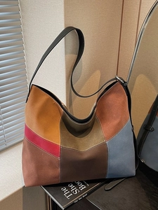 Minimalist vintage large capacity patchwork suede tote bag with contrast stitching