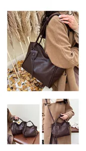 Three-way carry view of a dark brown soft leather tote bag for versatile autumn fashion