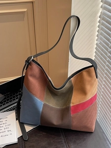 Retro multi-color patchwork canvas hobo shoulder bag with adjustable strap for women