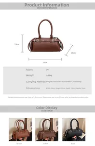 Detailed size chart of vintage PU leather Boston bag with 25cm width and dimensions