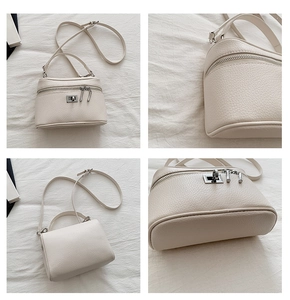 Detailed views of beige lychee leather box bag with silver hardware and adjustable strap