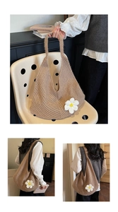 Detail of coffee brown crochet tote bag with 3D white daisy flowers and knit texture