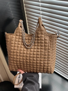 Brown quilted PU leather tote bag with square pattern and metal chain handle