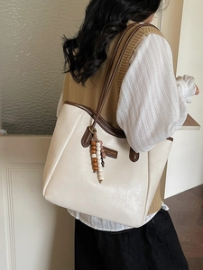 Women Large Capacity PU Leather Tote Bag Vintage Casual Shoulder Bag With Wood Bead Decor For Daily Commute School