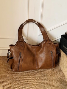 Large capacity vintage dark brown PU leather shoulder bag with multi-pocket design