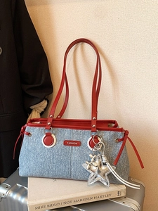 Sac à Épaule en Cuir PU Texture Denim Style Coréen pour Femmes Sac Sous le Bras Décontracté Avec Pendentif Étoile Mignon