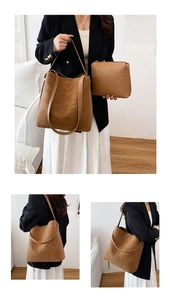 Set borsa tote marrone opaca con astuccio abbinato mostrato in contesti di vita reale