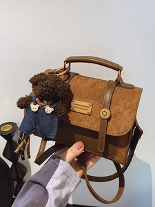 Vintage PU Leather Suede Stitched Handbag For Women With Cute Plush Bear Pendant Fashion Crossbody Satchel Bag Lady Daily Travel