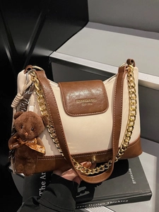 Women Color Block Rhombic Chain Underarm Bag Vintage PU Leather Shoulder Bag With Plush Bear Charm Commute Tote Bag