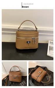 Front and multi-angle views of a brown box-style handbag with litchi grain texture