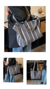Macro detail of striped textured tote bag fabric featuring a stylish ribbon bow ornament