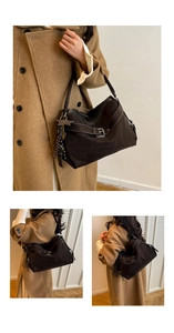 Detailed views of dark brown leather tote with white stitching and star charm pendant