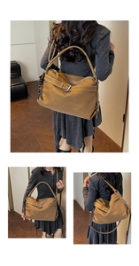 Three-way view of a large brown vintage tote bag showing its soft leather and metal buckles