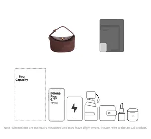 Guide de capacité du sac en daim marron montrant l'espace pour téléphone et accessoires