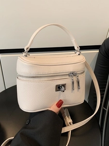 Women PU Leather Lychee Pattern Box Handbag Top Handle Crossbody Bag Silver Hardware Double Zipper Lock Fashion Bag