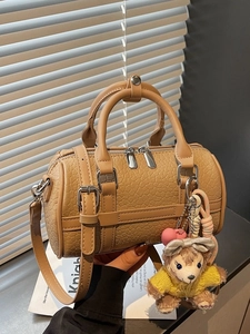 Classic caramel Boston handbag in lychee pattern PU leather with cute plush bear charm