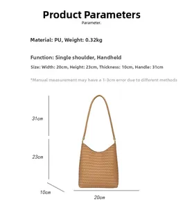 Size chart showing dimensions of the vintage woven PU leather tote bag with handle drop