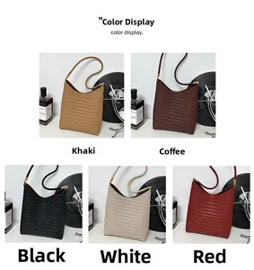 Detail showing woven texture tote bags available in khaki, coffee, black, white, and red