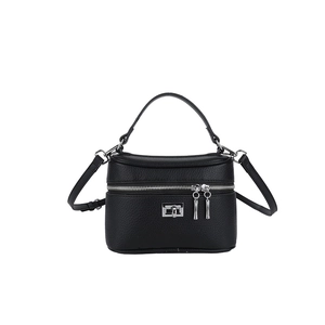 Elegant black lychee textured leather box handbag with silver hardware and shoulder strap
