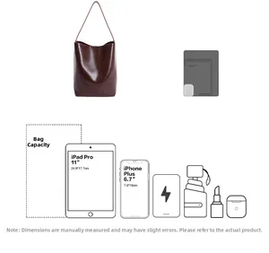 Detailed capacity comparison of the brown bucket bag showing fits for 11 inch tablet