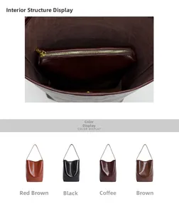Detail view of bucket bag interior structure and four-color leather selection matrix