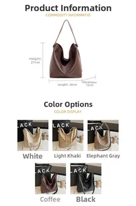 Detailed size chart for the large leather tote bag with five color variants displayed