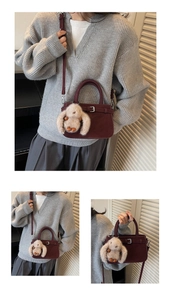 Détails du sac à main bordeaux avec lanières décoratives et accessoire porte-clés lapin